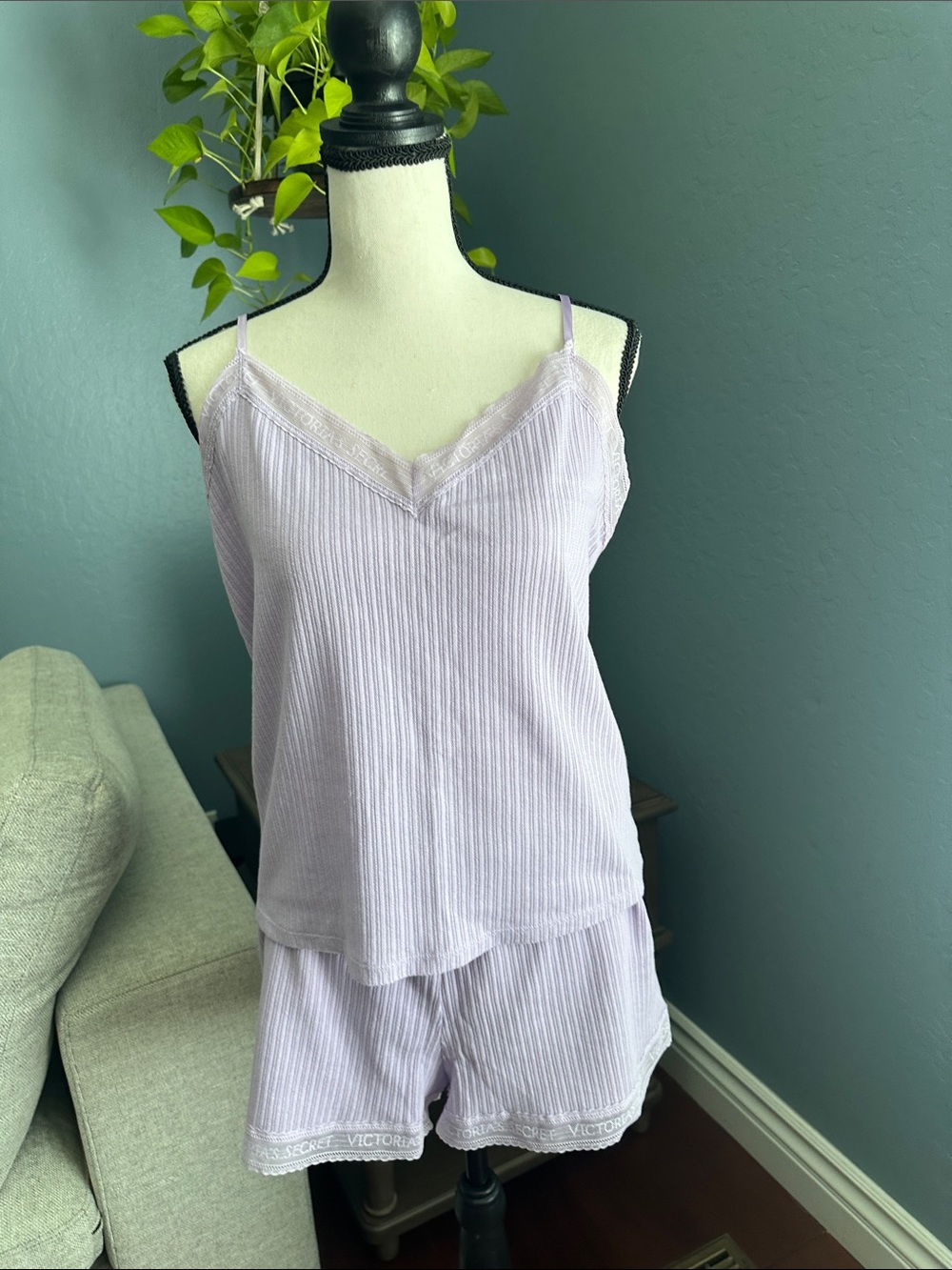 Victoria's Secret Light Lavender Ribbed Lace-Trim Cami & Shorts Set